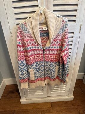 CAbi Multicolor Fair Isle Shawl-Collar Zip Cardigan - Cream, Pink, Blue
